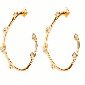 Alexis Bittar Hoop Earrings C-shaped Half Crystal Open CZ Jeweled Gold Navette